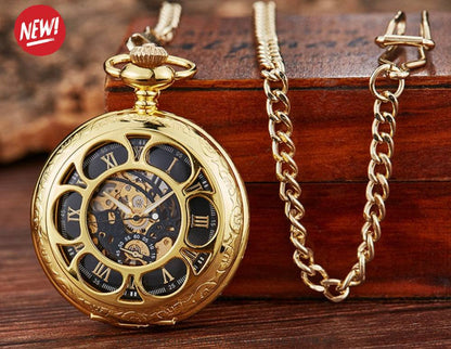 Bronze Gold Mechanical Hollow Design Roman Numeral Dial Skeleton Wind Quartz Pocket Chain Watch - Top G Watches