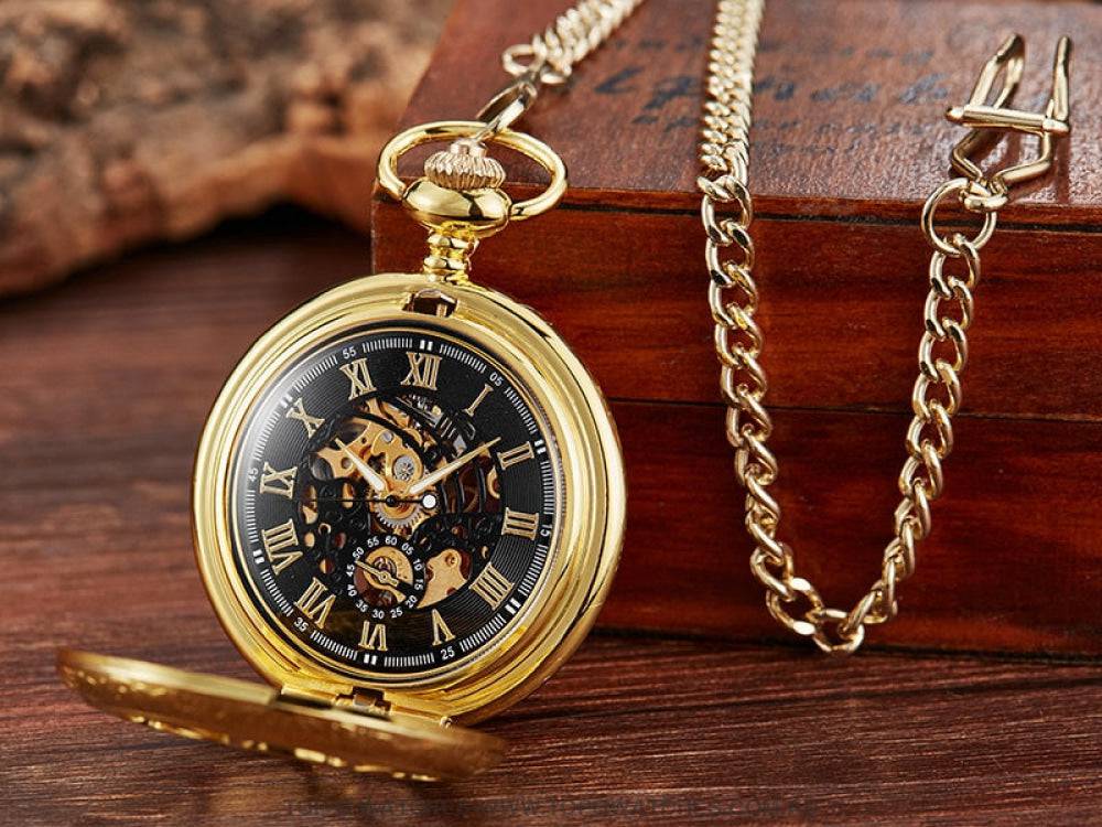 Bronze Gold Mechanical Hollow Design Roman Numeral Dial Skeleton Wind Quartz Pocket Chain Watch - Top G Watches