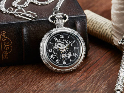 Bronze Gold Mechanical Hollow Design Roman Numeral Dial Skeleton Wind Quartz Pocket Chain Watch - Top G Watches