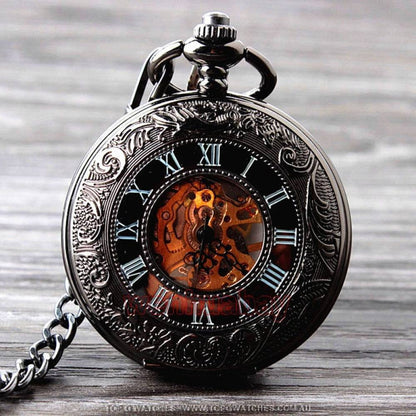 Mechanical Hollow Skeleton Hardware Dial Gold Silver Black Steel Quartz Pocket Chain Watch - Top G Watches