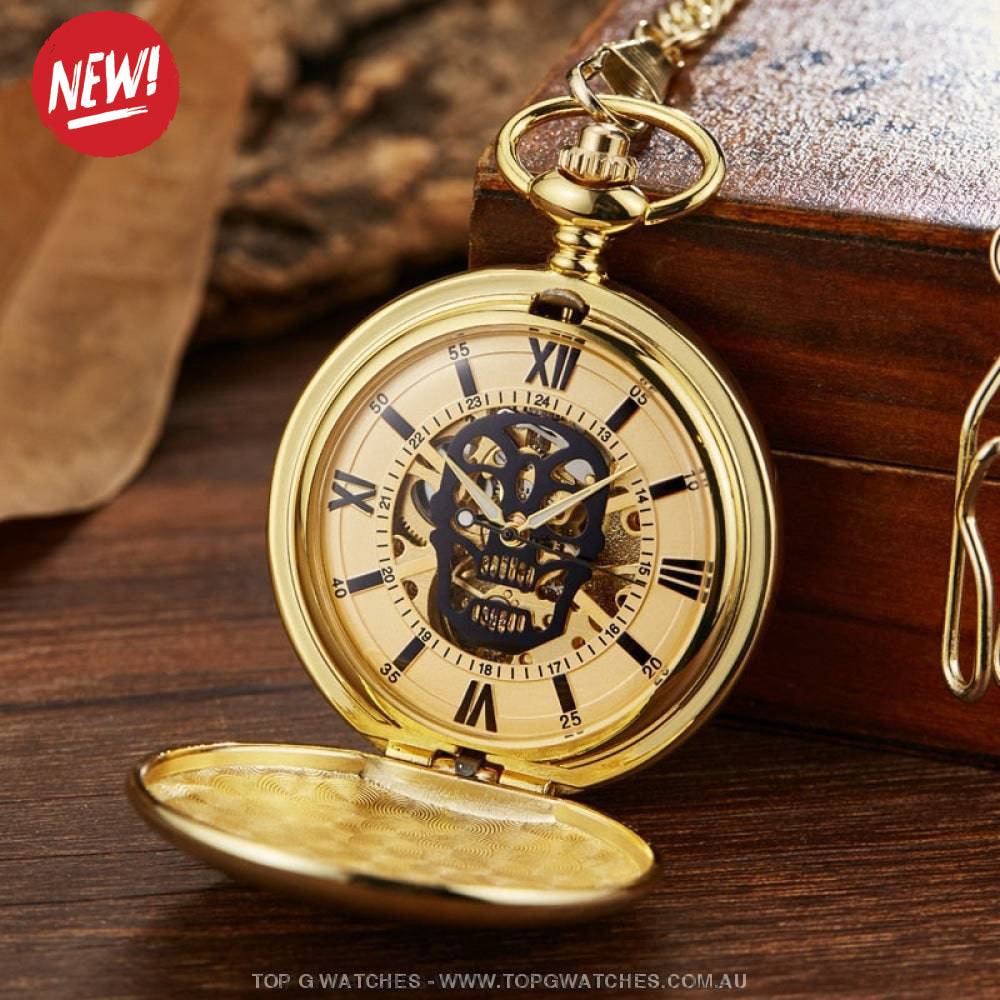 Mechanical Hollow Skeleton Hardware Dial Gold Silver Black Steel Quartz Pocket Chain Watch - Top G Watches