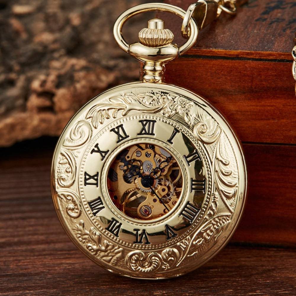 Mechanical Hollow Skeleton Hardware Dial Gold Silver Black Steel Quartz Pocket Chain Watch - Top G Watches