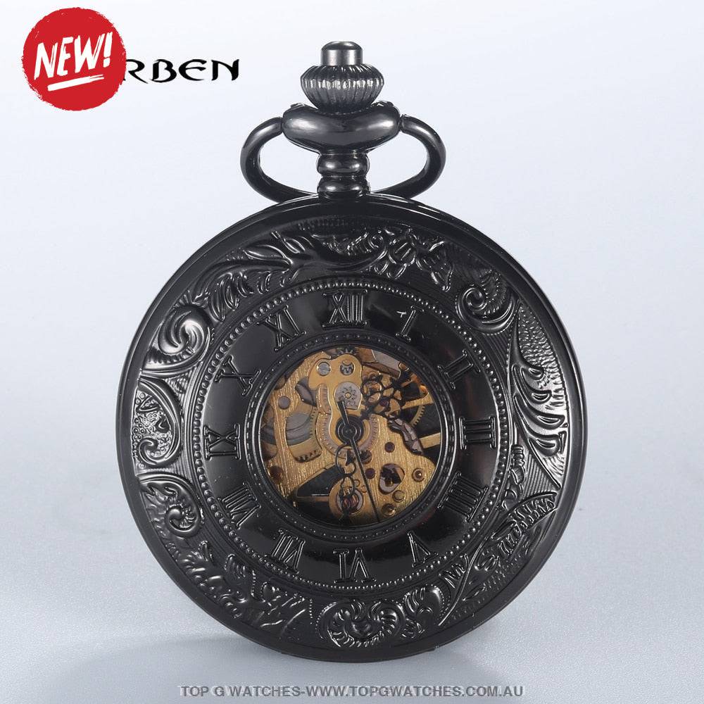 Mechanical Hollow Skeleton Hardware Dial Gold Silver Black Steel Quartz Pocket Chain Watch - Top G Watches