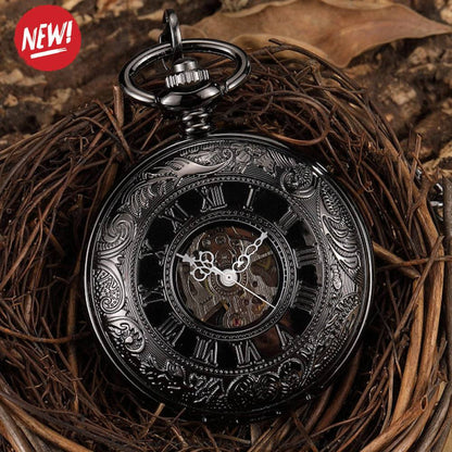 Mechanical Hollow Skeleton Hardware Dial Gold Silver Black Steel Quartz Pocket Chain Watch - Top G Watches