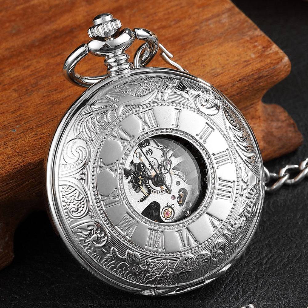 Mechanical Hollow Skeleton Hardware Dial Gold Silver Black Steel Quartz Pocket Chain Watch - Top G Watches