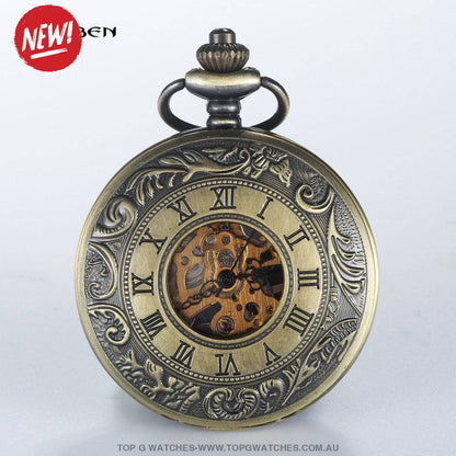 Mechanical Hollow Skeleton Hardware Dial Gold Silver Black Steel Quartz Pocket Chain Watch - Top G Watches