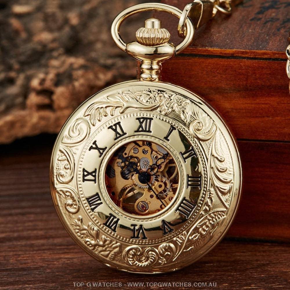 Mechanical Hollow Skeleton Hardware Dial Gold Silver Black Steel Quartz Pocket Chain Watch - Top G Watches