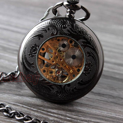 Mechanical Hollow Skeleton Hardware Dial Gold Silver Black Steel Quartz Pocket Chain Watch - Top G Watches