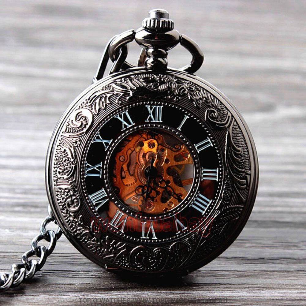 Mechanical Hollow Skeleton Hardware Dial Gold Silver Black Steel Quartz Pocket Chain Watch - Top G Watches