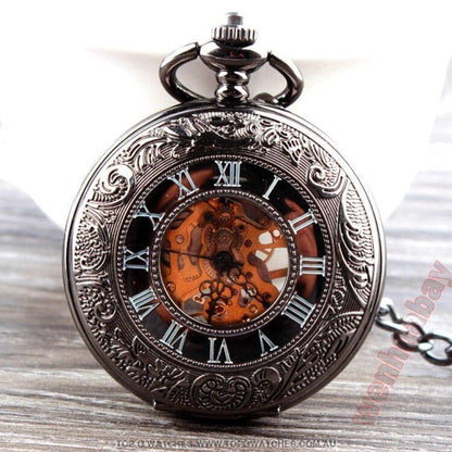 Mechanical Hollow Skeleton Hardware Dial Gold Silver Black Steel Quartz Pocket Chain Watch - Top G Watches