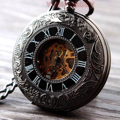 Mechanical Hollow Skeleton Hardware Dial Gold Silver Black Steel Quartz Pocket Chain Watch - Top G Watches