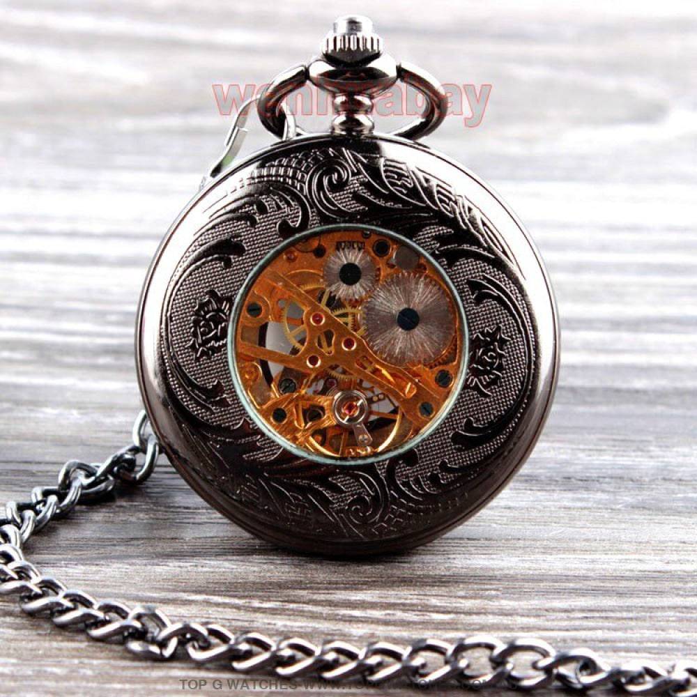 Mechanical Hollow Skeleton Hardware Dial Gold Silver Black Steel Quartz Pocket Chain Watch - Top G Watches