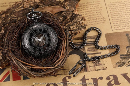 Mechanical Hollow Skeleton Hardware Dial Gold Silver Black Steel Quartz Pocket Chain Watch - Top G Watches