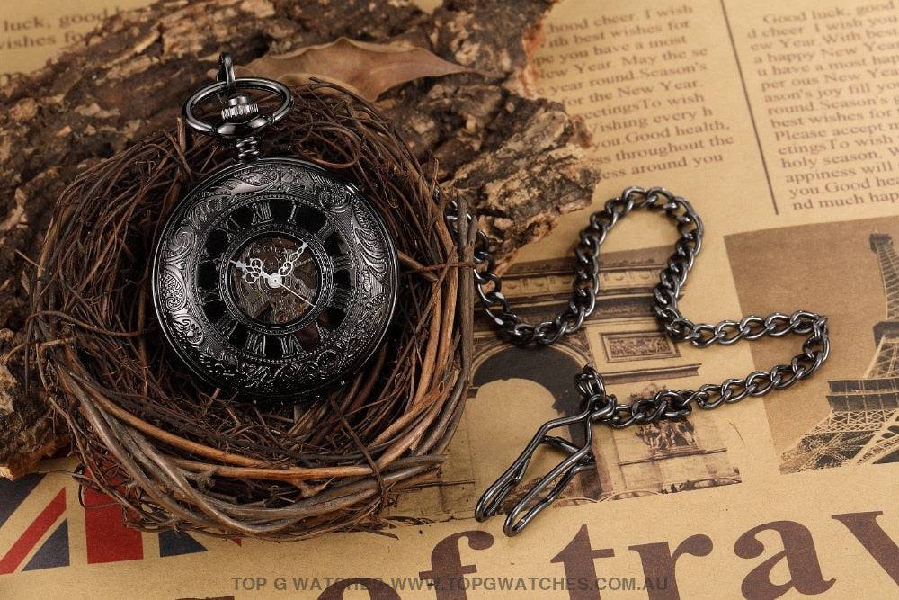 Mechanical Hollow Skeleton Hardware Dial Gold Silver Black Steel Quartz Pocket Chain Watch - Top G Watches