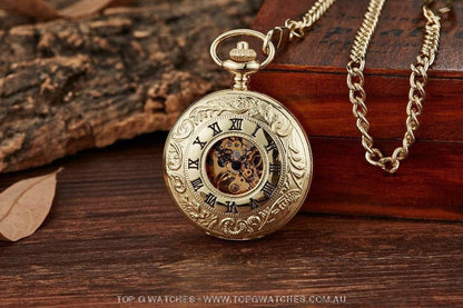 Mechanical Hollow Skeleton Hardware Dial Gold Silver Black Steel Quartz Pocket Chain Watch - Top G Watches