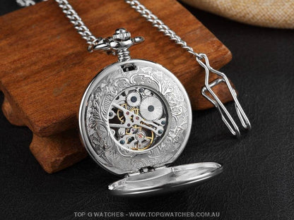 Mechanical Hollow Skeleton Hardware Dial Gold Silver Black Steel Quartz Pocket Chain Watch - Top G Watches