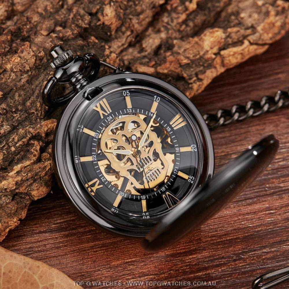 Mechanical Hollow Skeleton Hardware Dial Gold Silver Black Steel Quartz Pocket Chain Watch - Top G Watches