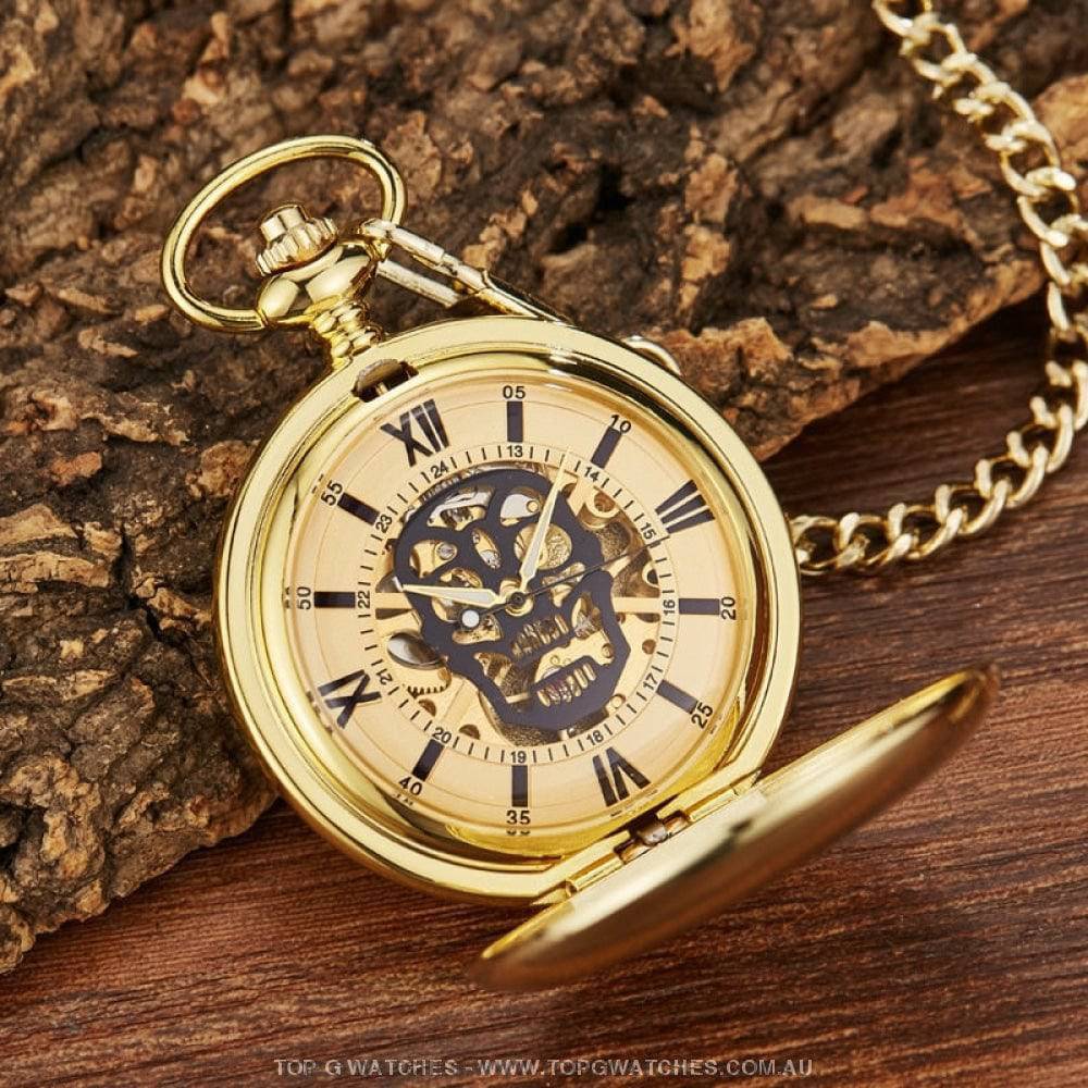 Mechanical Hollow Skeleton Hardware Dial Gold Silver Black Steel Quartz Pocket Chain Watch - Top G Watches