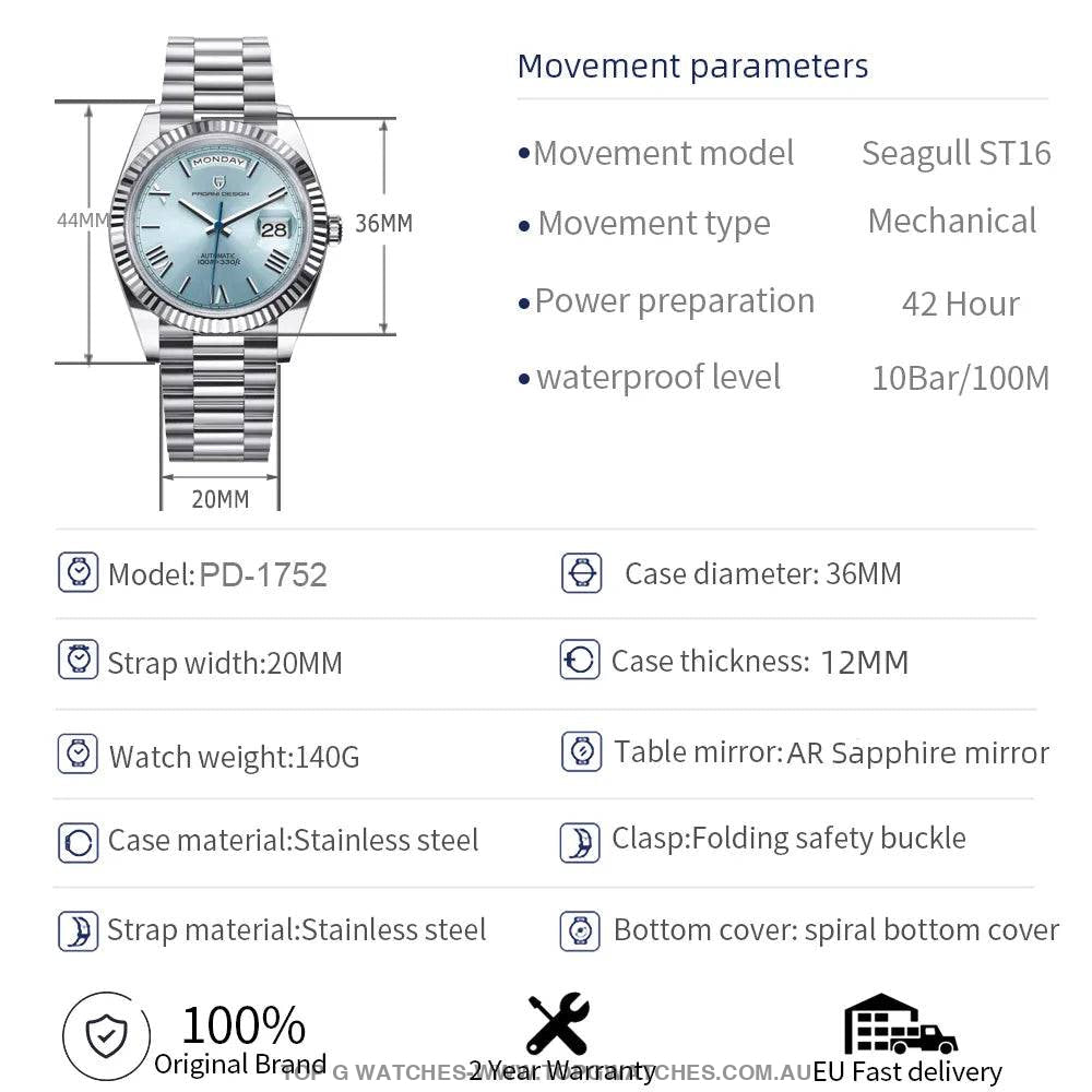 PAGANI DESIGN DD36 Automatic Mechanical Sapphire Glass 10Bar Wristwatch - Top G Watches