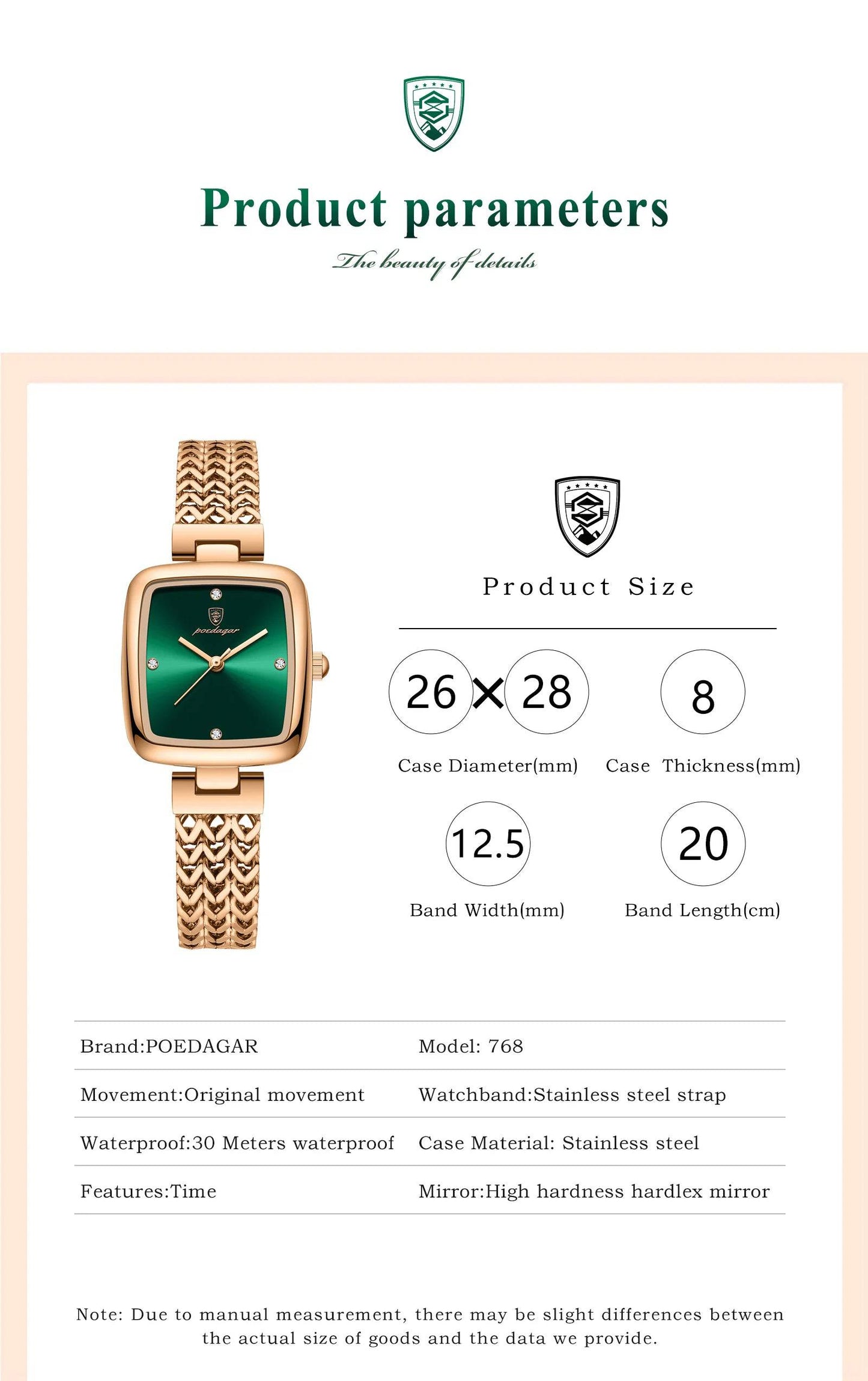 Rosegold Square-Cut Poedagar Waterproof Quartz-Crystal Fashion Dress Wristwatch - Top G Watches