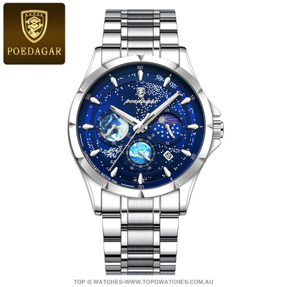 2023 All New Poedagar Luxury Luminous Sky Background Chronograph Quartz Watch Silver Blue Steel Mens