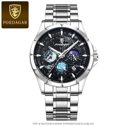 2023 All New Poedagar Luxury Luminous Sky Background Chronograph Quartz Watch Silver Black Steel