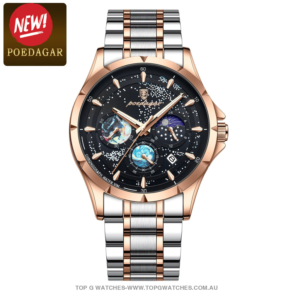 2023 All New Poedagar Luxury Luminous Sky Background Chronograph Quartz Watch Rose Gold Black Steel