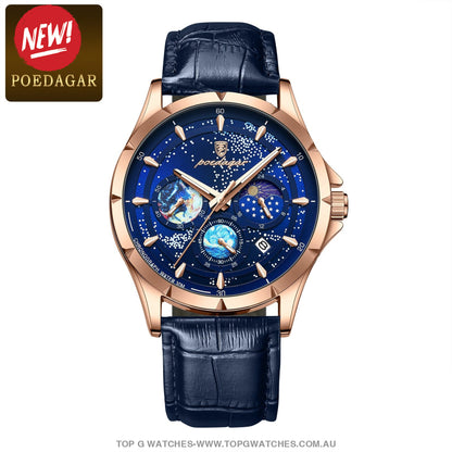2023 All New Poedagar Luxury Luminous Sky Background Chronograph Quartz Watch Rose Gold Blue Leather