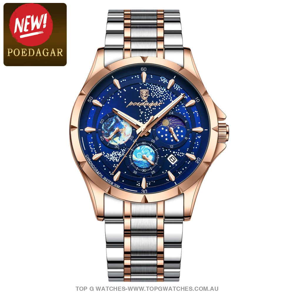 2023 All New Poedagar Luxury Luminous Sky Background Chronograph Quartz Watch Rose Gold Blue Steel