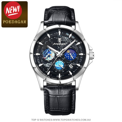 2023 All New Poedagar Luxury Luminous Sky Background Chronograph Quartz Watch Silver Black Leather