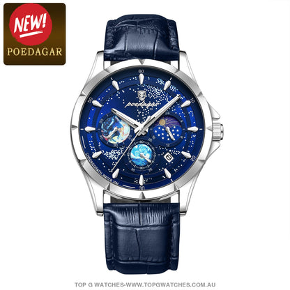 2023 All New Poedagar Luxury Luminous Sky Background Chronograph Quartz Watch Silver Blue Leather