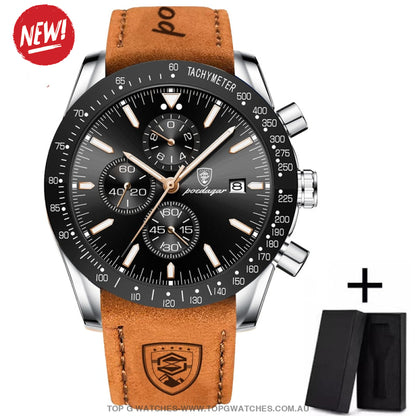 2023 New Poedagar Luxury Brand Waterproof Sport Quartz Chronograph Military Leather Watch Silver