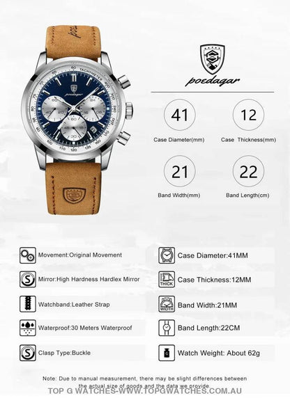 Poedagar Luxury Chronograph 3ATM Luminous Military Sport Leather Wristwatch - Top G Watches