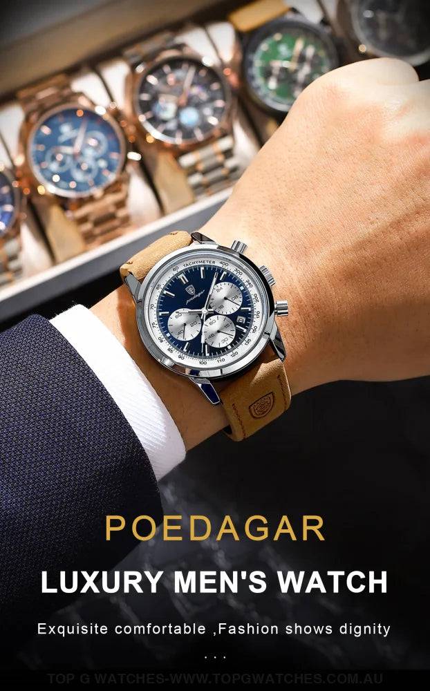 Poedagar Luxury Chronograph 3ATM Luminous Military Sport Leather Wristwatch - Top G Watches