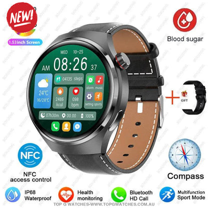 Pro GT4 Health GPS Sports Fitness Tracker Digital Companion - NFC Cardless Glucose Blood Sugar Analysis Bluetooth AMOLED Smartwatch - Top G Watches