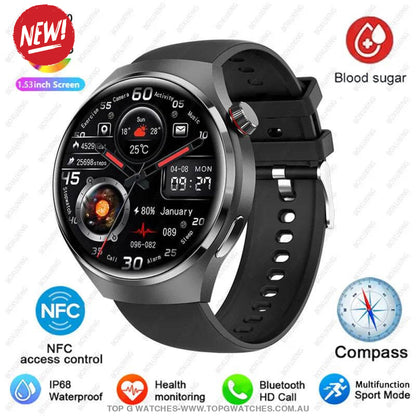 Pro GT4 Health GPS Sports Fitness Tracker Digital Companion - NFC Cardless Glucose Blood Sugar Analysis Bluetooth AMOLED Smartwatch - Top G Watches