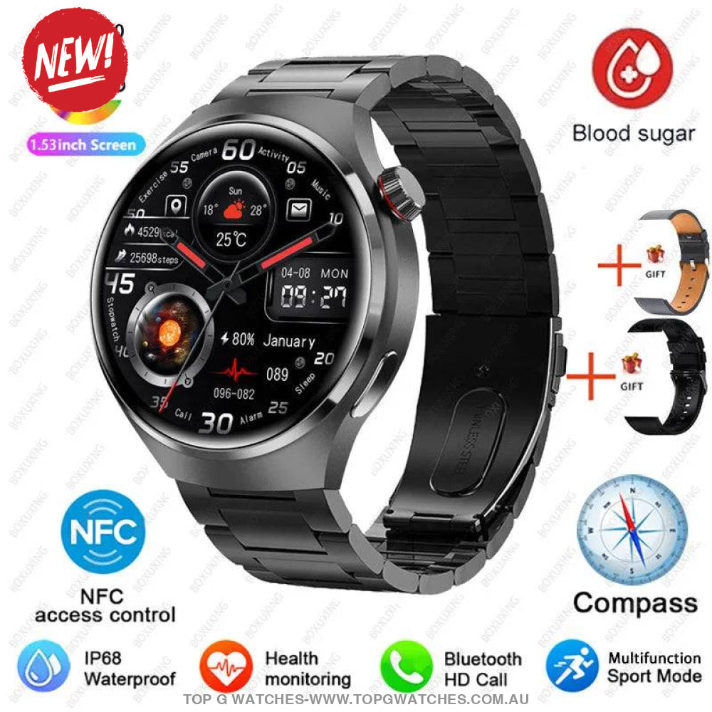 Pro GT4 Health GPS Sports Fitness Tracker Digital Companion - NFC Cardless Glucose Blood Sugar Analysis Bluetooth AMOLED Smartwatch - Top G Watches