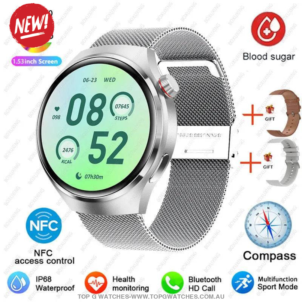 Pro GT4 Health GPS Sports Fitness Tracker Digital Companion - NFC Cardless Glucose Blood Sugar Analysis Bluetooth AMOLED Smartwatch - Top G Watches