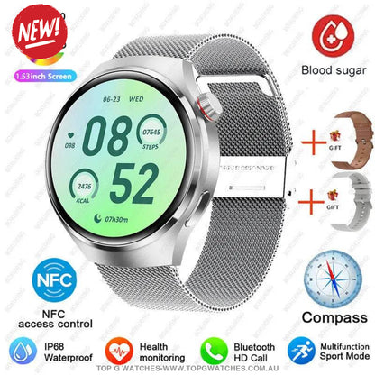 Pro GT4 Health GPS Sports Fitness Tracker Digital Companion - NFC Cardless Glucose Blood Sugar Analysis Bluetooth AMOLED Smartwatch - Top G Watches