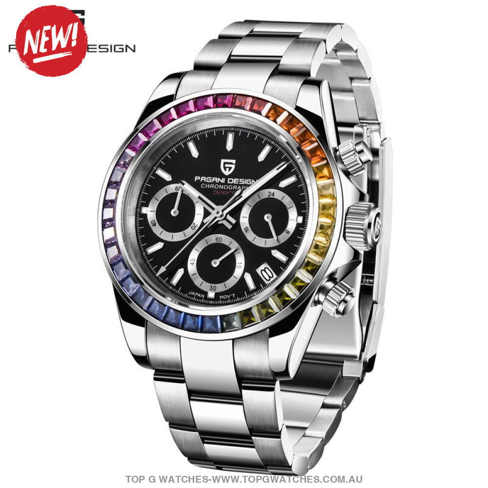 Rainbow Pagani Design Luxury Automatic Date Chronograph Japan Vk63 Sapphire Wristwatch Black Mens