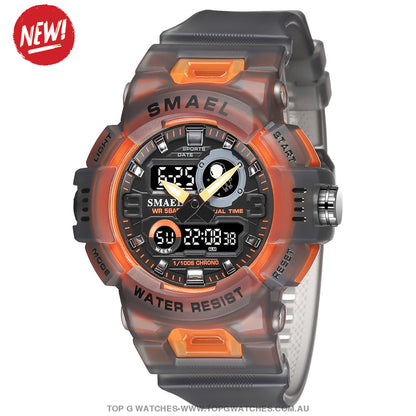 Smart Smael Sports Dual Display Led Digital-Analog Waterproof Watch Transparent Orange Mens Watches