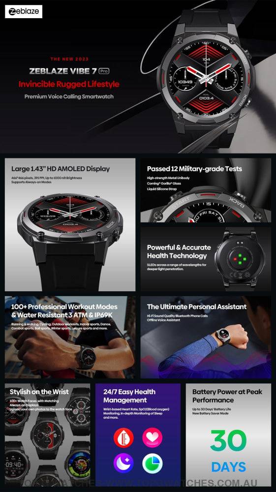 Smart Zeblaze VIBE 7 PRO AMOLED Display Bluetooth Phone Call Military Grade Toughness Smart Watch - Top G Watches