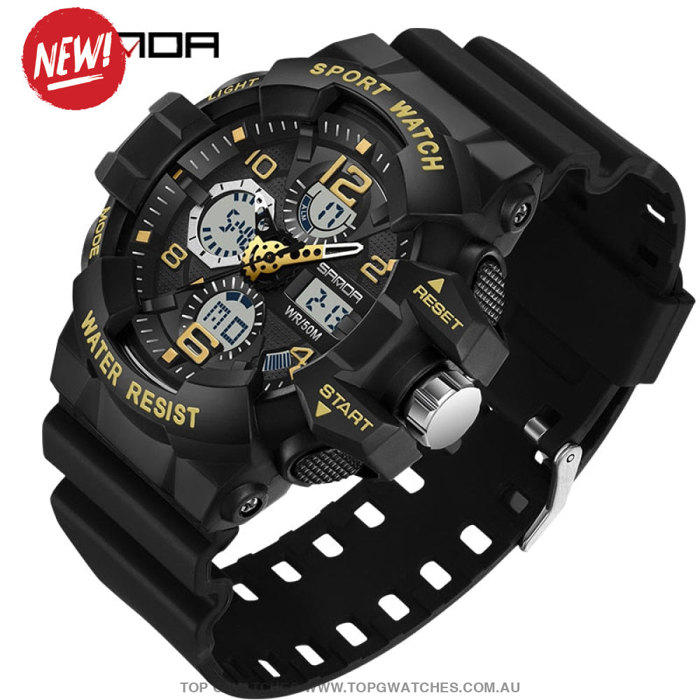 Sanda G-Style Shock Sports Military Waterproof Electronic Wristwatch Black Gold Mens Watches