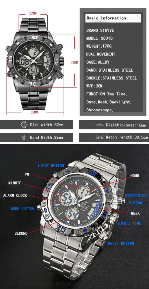 Stainless-Steel Stryve Luxury Trending  Military Quartz Digital Led Waterproof Sports Fashion Watch - Top G Watches
