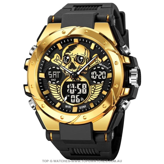 New Gold STRYVE Skull Concept Digital-Analog Dual Display Stopwatch Multifunction 50M Waterproof Sports Fashion Divers Watch - Top G Watches