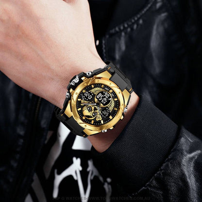 New Gold STRYVE Skull Concept Digital-Analog Dual Display Stopwatch Multifunction 50M Waterproof Sports Fashion Divers Watch - Top G Watches