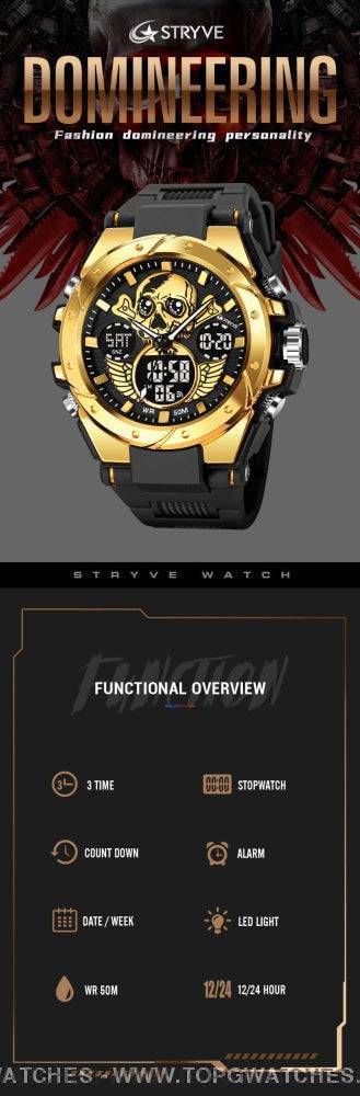 New Gold STRYVE Skull Concept Digital-Analog Dual Display Stopwatch Multifunction 50M Waterproof Sports Fashion Divers Watch - Top G Watches