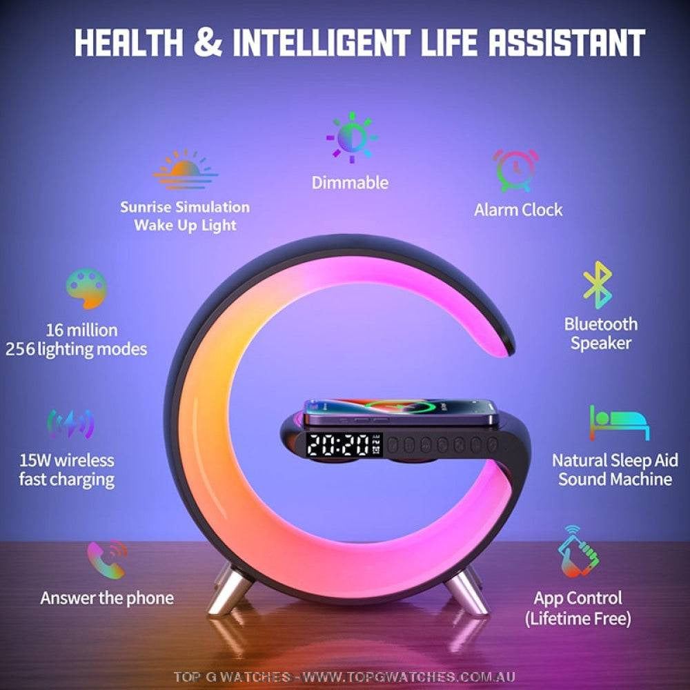 Sun Rise Simulation Alarm Clock Sleep Assist Night Light LED Wireless Charger Bluetooth Speaker Hands Free Call APP - Top G Watches