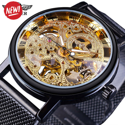 Winner Transparent Golden Case Casual Leather Mens Luxury Mechanical Skeleton Watch - Top G Watches