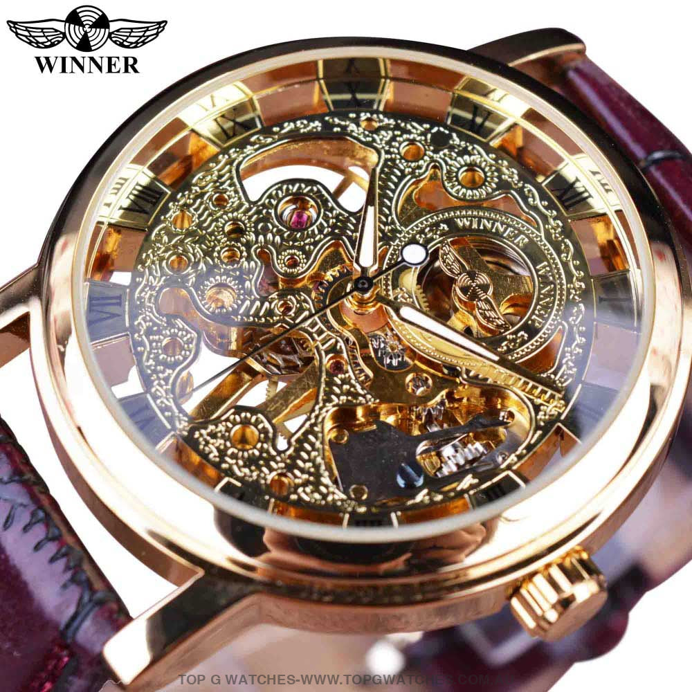 Winner Transparent Golden Case Casual Leather Mens Luxury Mechanical Skeleton Watch - Top G Watches